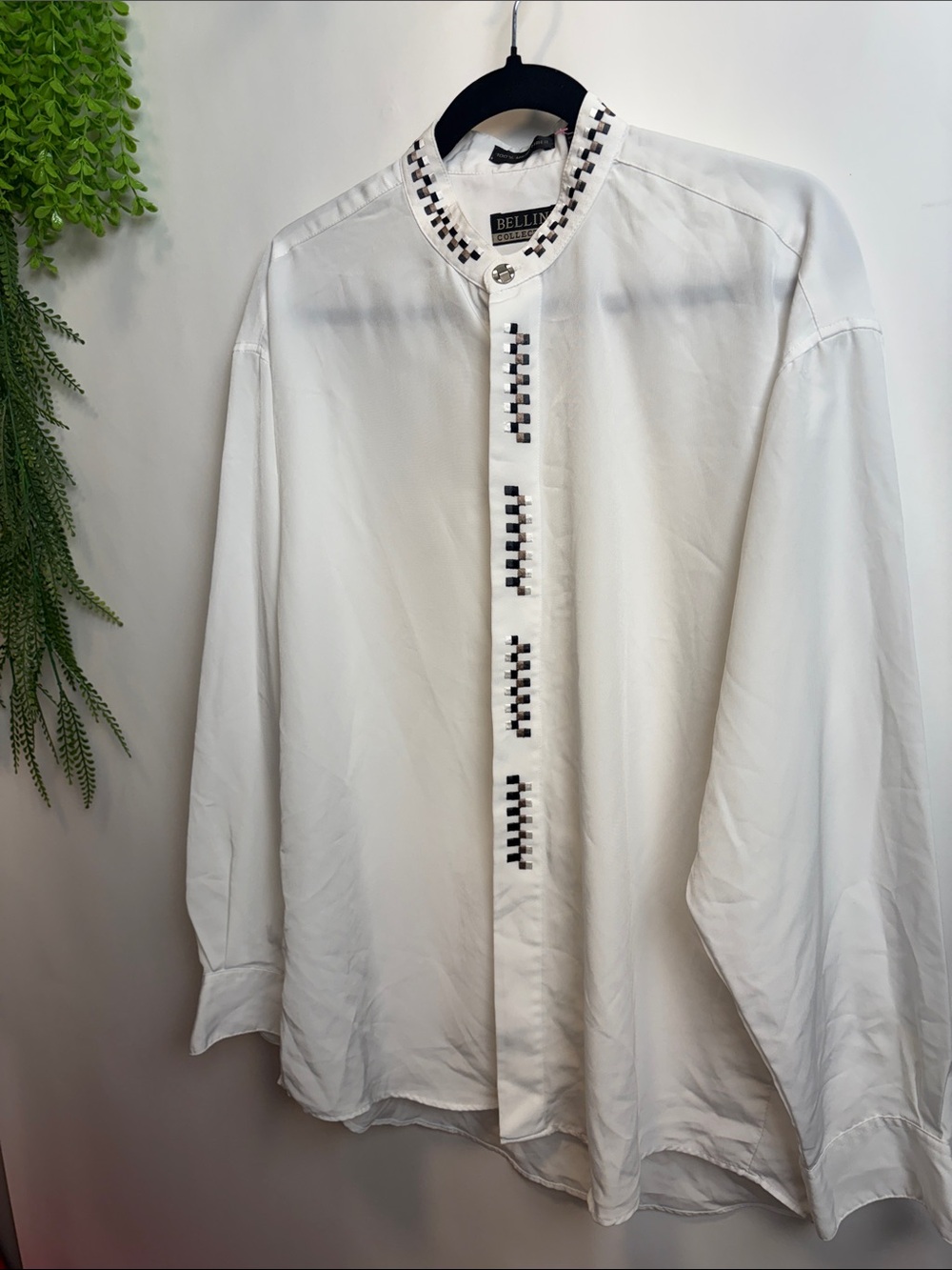 Bellini White Collared Long-Sleeve Blouse with Black Check Trim